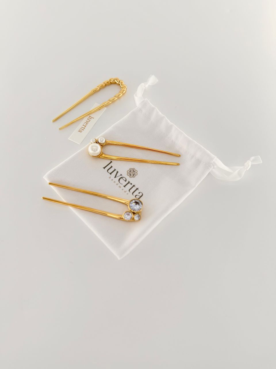 18K Gold-plated twisted, pearl and crystal hair pin fork
