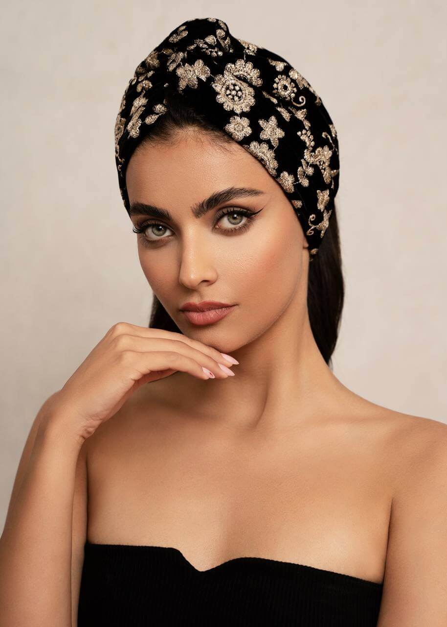 Black Embroidered Velvet Turban