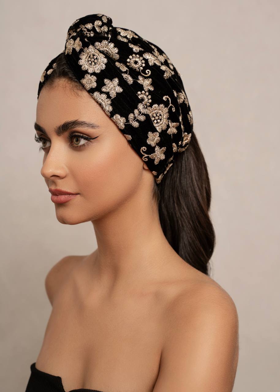 Black Embroidered Velvet Turban