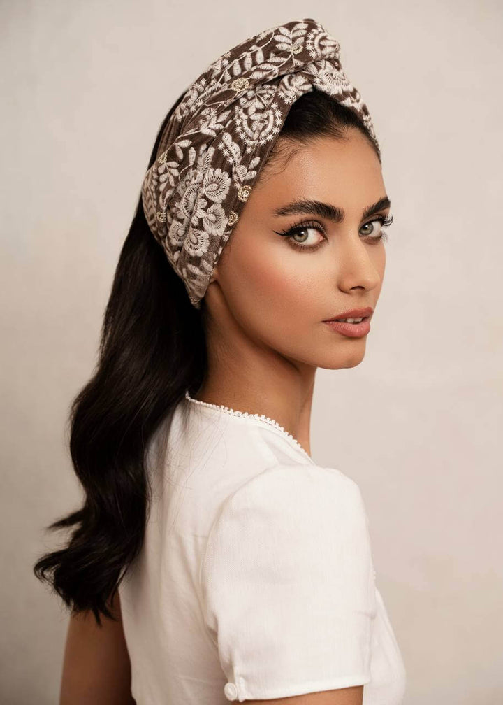 Brown Embroidered Velvet Turban