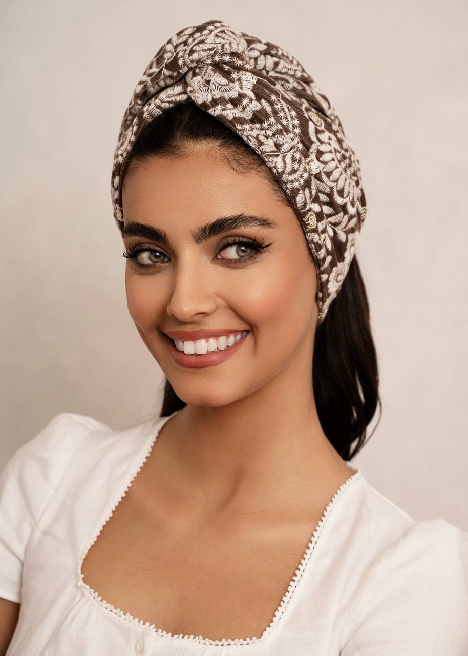 Brown Embroidered Velvet Turban