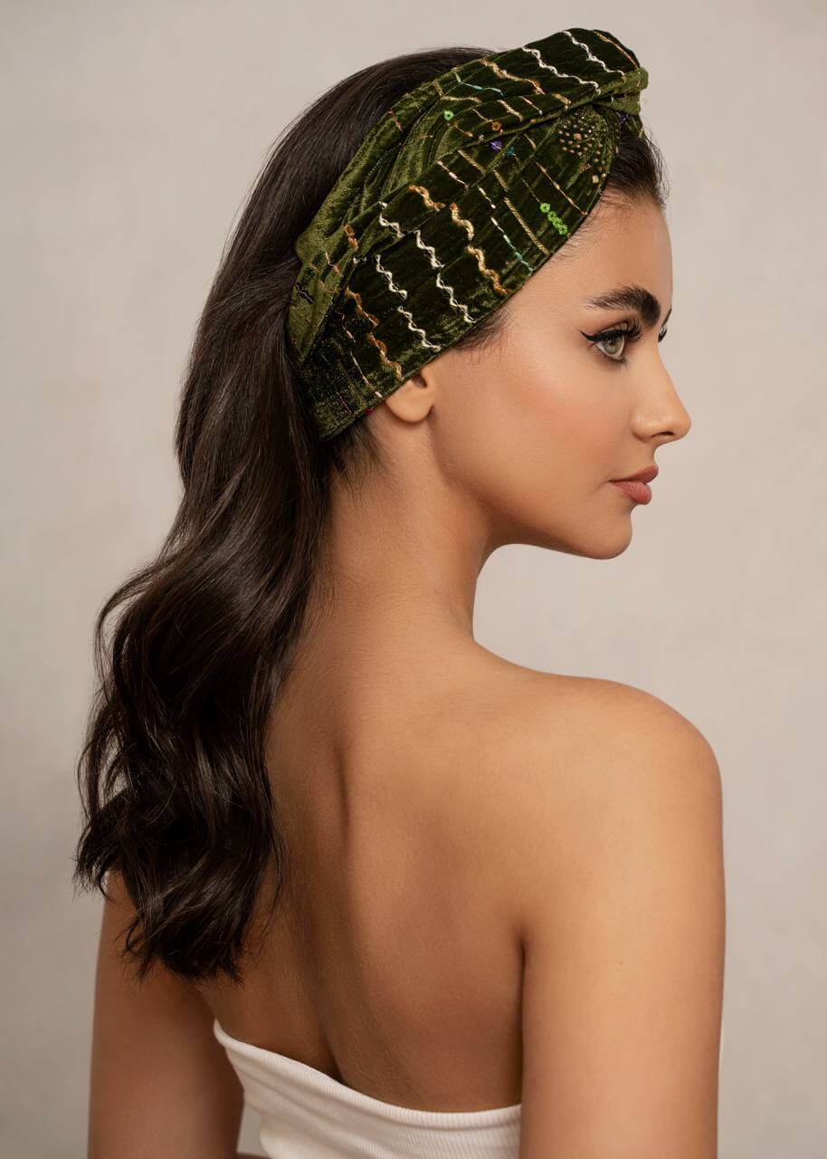 Green embroidered velvet turban head wrap, Luvertta