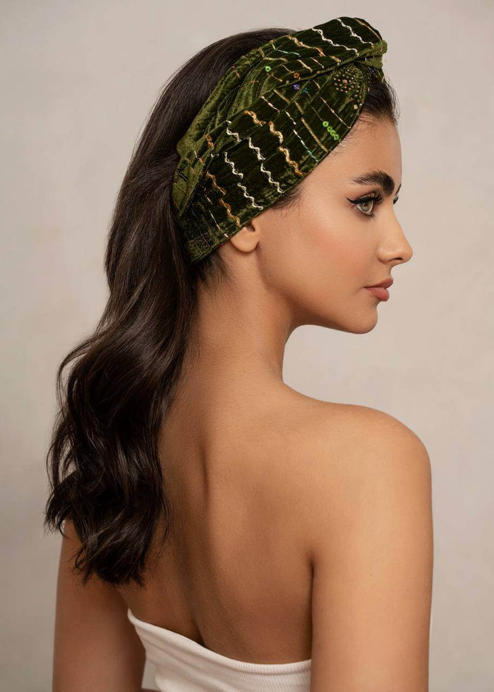 Brown embroidered velvet turban head wrap, Luvertta