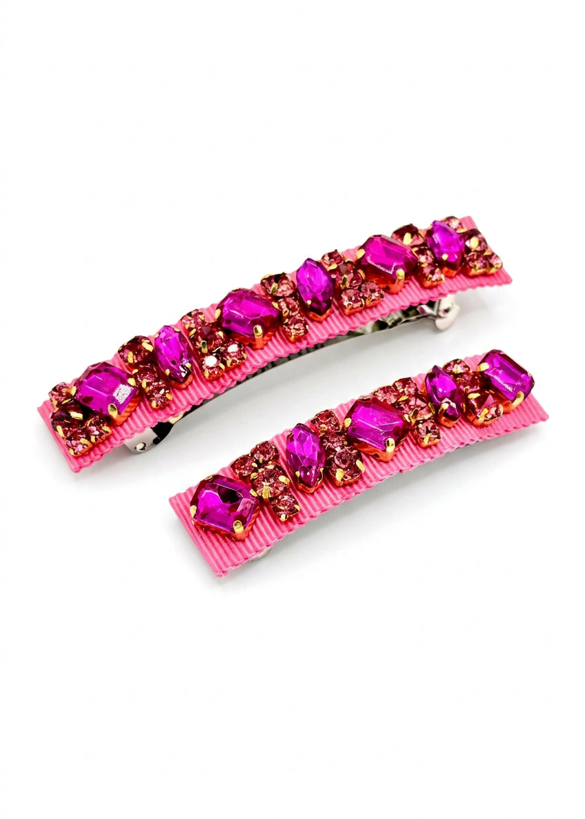 Lauren crystal hair barrettes in hot pink, small and large set, Luvertta