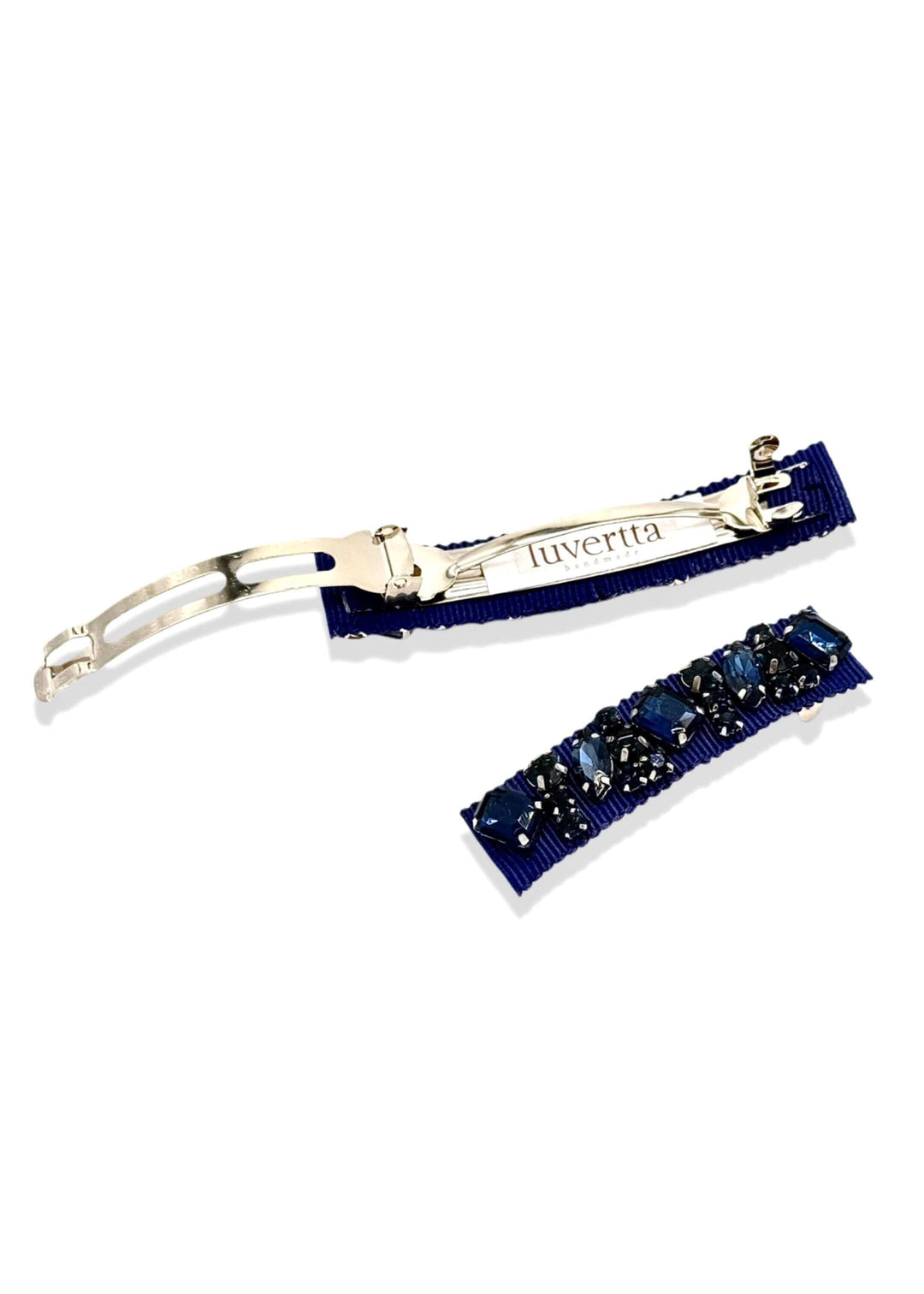 Lauren crystal hair barrette in navy, detail, Luvertta