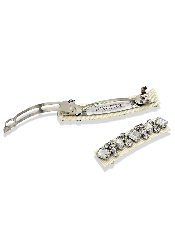 Lauren crystal hair barrette in off white, detail, Luvertta